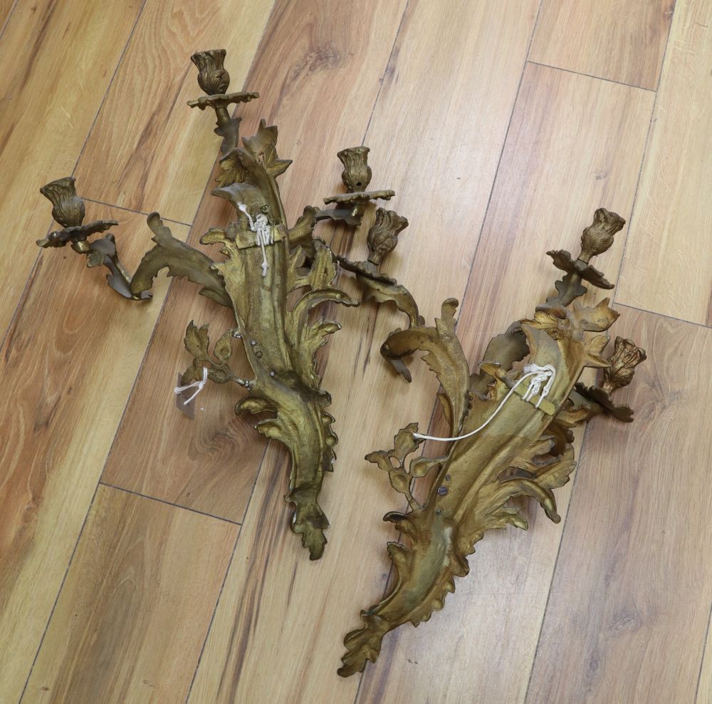 A pair of ormolu scrolled leaf wall sconces, height 54cm